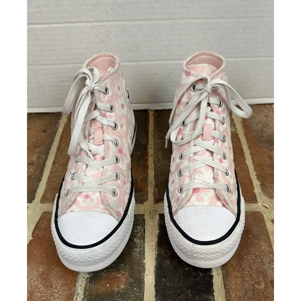 Converse Youth All Star Platform Sneakers High Top Pink White Flower Girls 4